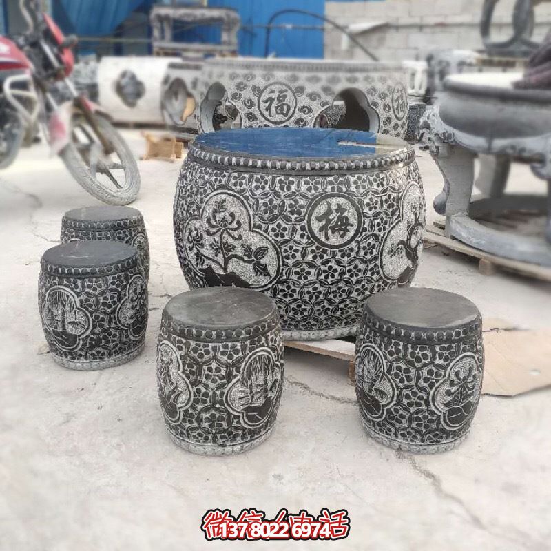 梅蘭菊竹浮雕石桌石凳，休閑庭院圓形裝飾