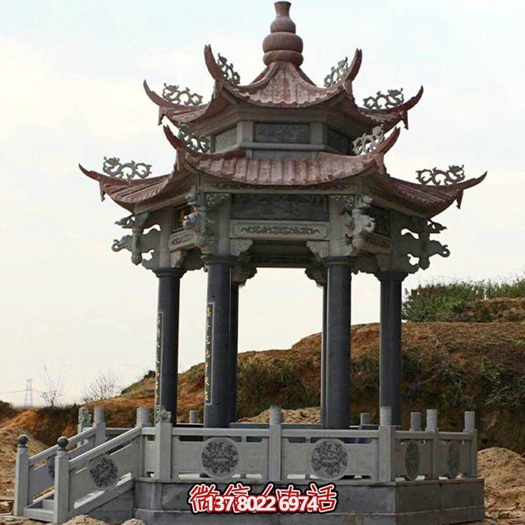 古典風(fēng)格二層涼亭，青石雕刻仿古園林戶(hù)外擺放