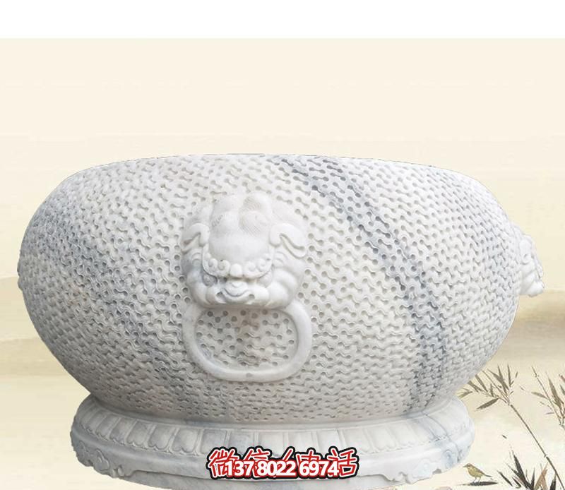 精美狴犴圓形雕塑，點(diǎn)綴庭院水缸浮雕