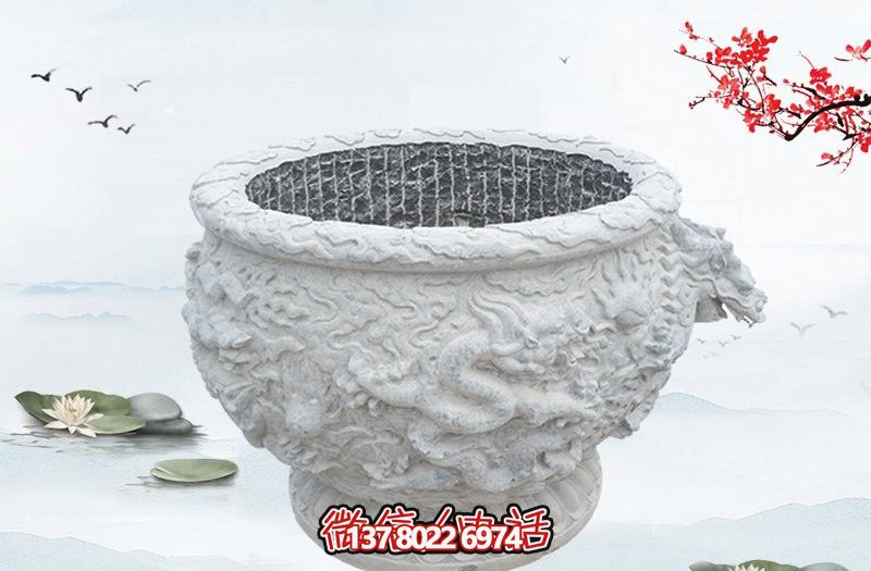 漢白玉石雕龍浮雕水缸雕塑，為庭院增添優(yōu)雅氣息