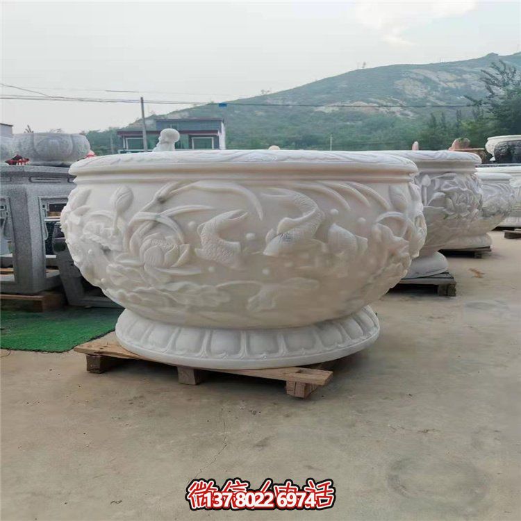 古典經(jīng)典，漢白玉鯉魚(yú)雕刻圓形水缸