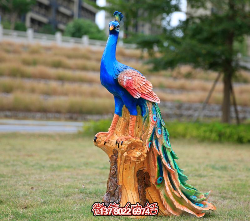 彩繪孔雀玻璃鋼雕塑，為公園街道擺放添彩