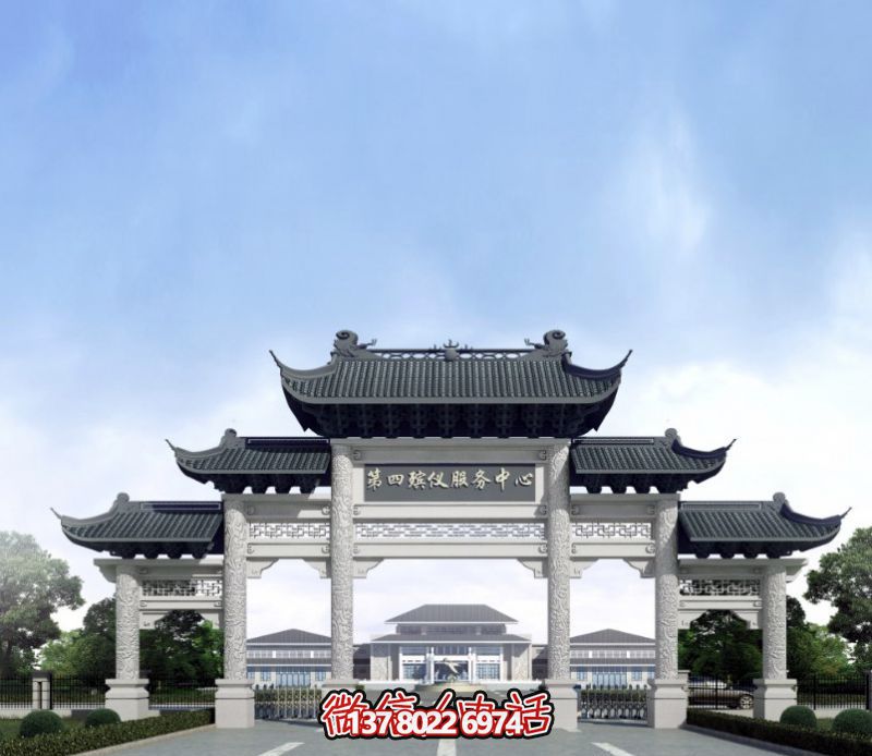 一座新式殯儀館五門(mén)景觀(guān)、青瓦斗拱、牌樓等高雅裝飾