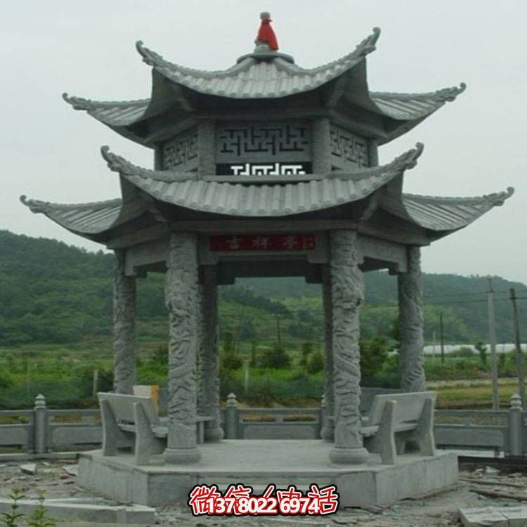 景區戶(hù)外擺放青石浮雕龍紋柱雙層涼亭雕塑