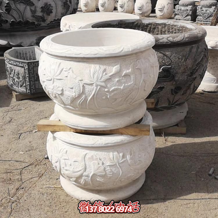 大理石漢白玉浮雕荷花養魚(yú)水缸庭院裝飾擺件