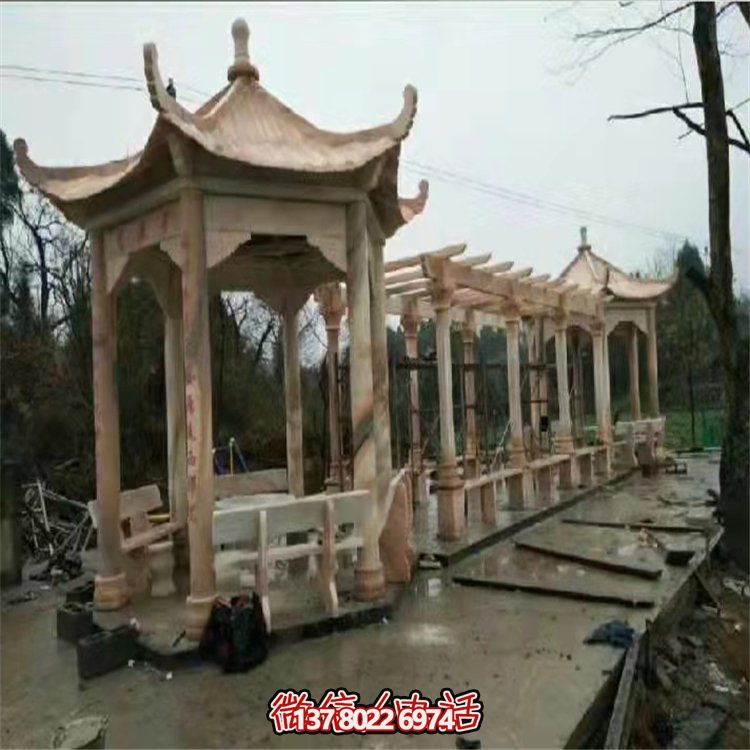 公園天然石材晚霞紅雕刻長(cháng)廊花架仿古六角石涼亭