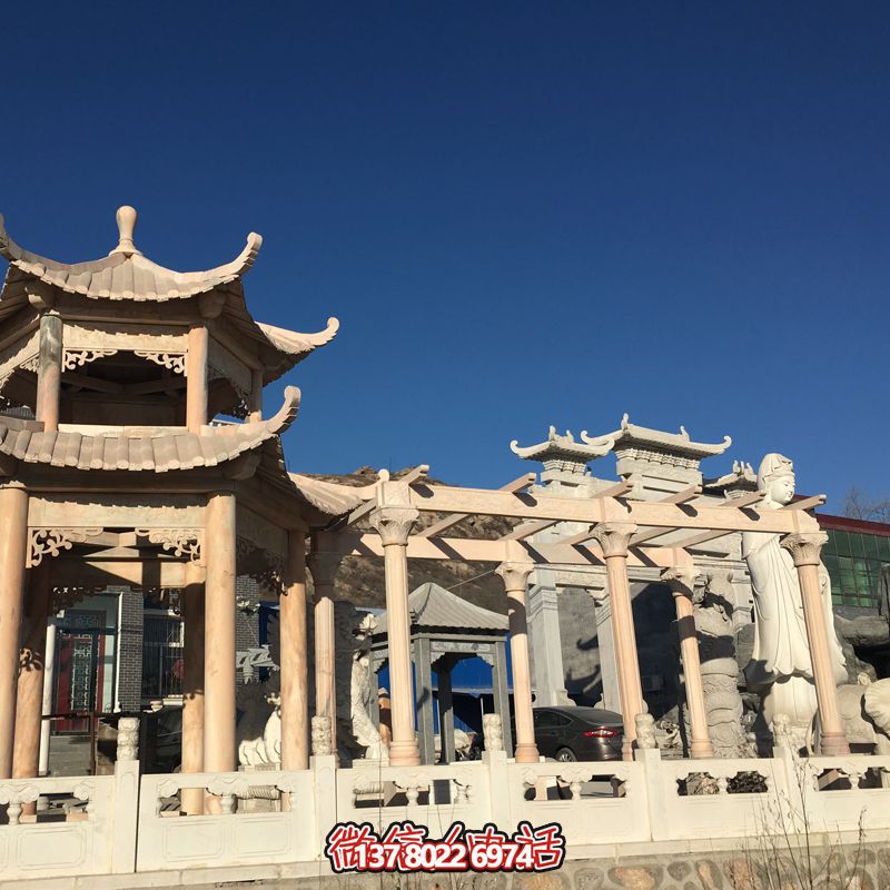 晚霞紅長(cháng)廊涼亭二層頂蓋花園廣場(chǎng)擺放雕塑