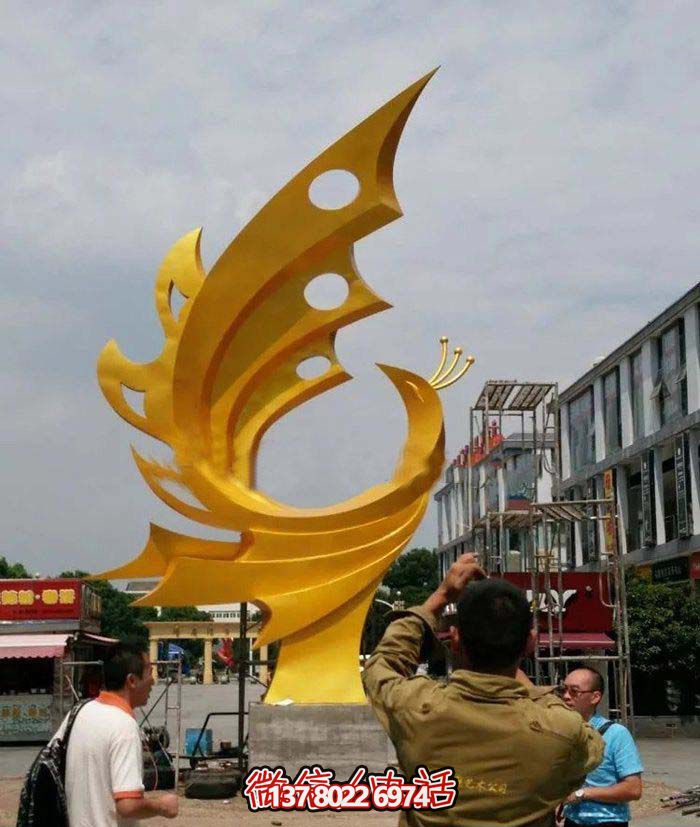 公園創(chuàng )意不銹鋼抽象黃色鳳凰雕塑 公園創(chuàng )意不銹鋼抽象黃色鳳凰雕塑