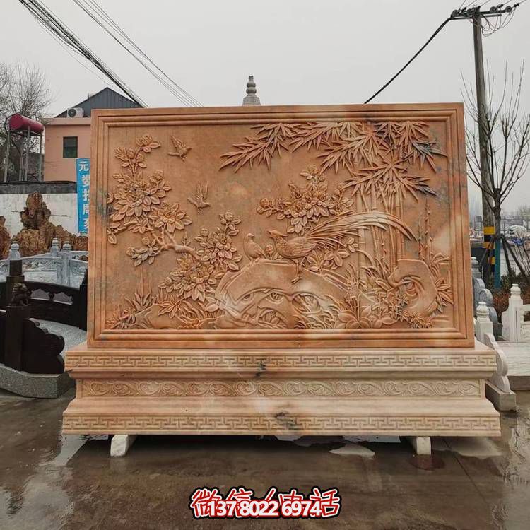浮雕晚霞紅大理石石雕景觀(guān)屏風(fēng)雕塑擺件