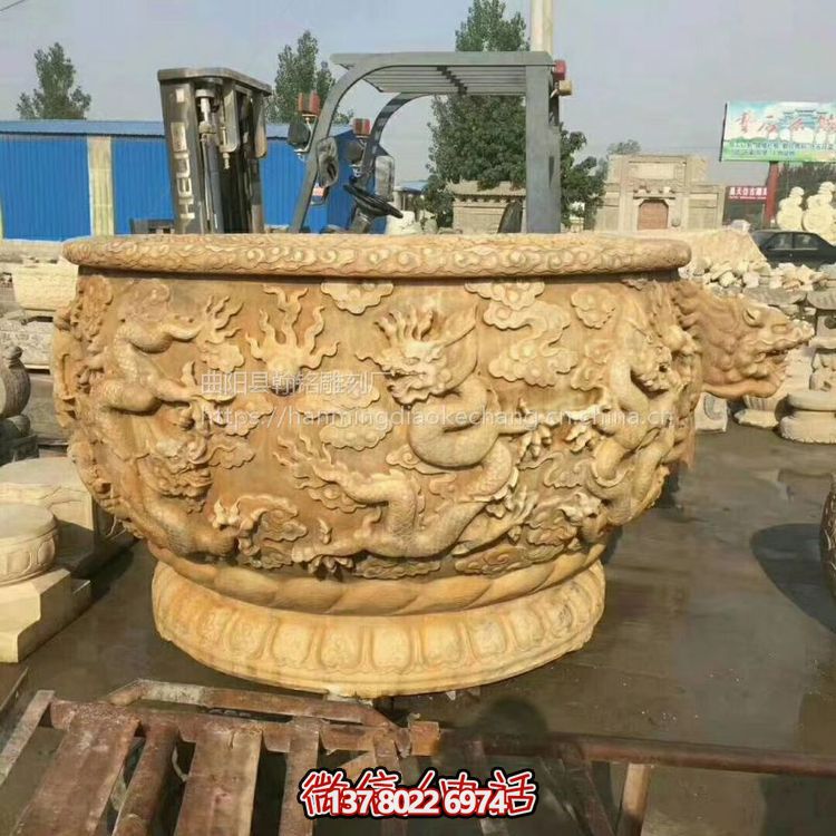 石雕花盆漢白玉九龍壁庭院戶(hù)外老石槽流水魚(yú)缸仿古養魚(yú)池龍缸雕塑