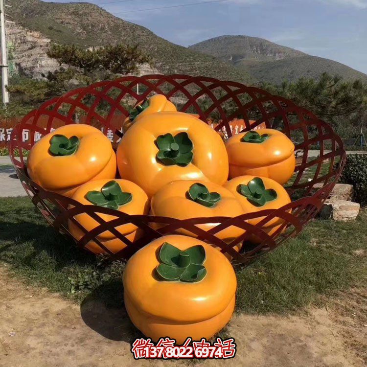農場(chǎng)采摘園擺放玻璃鋼仿真水果柿子水果籃