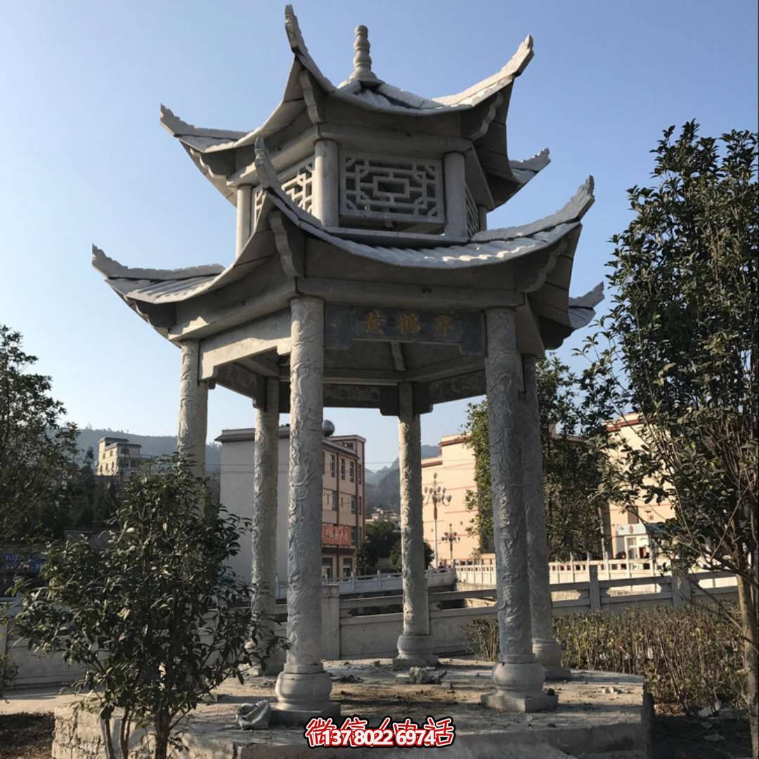 城市河道景觀(guān)擺放雙層青石鏤空涼亭