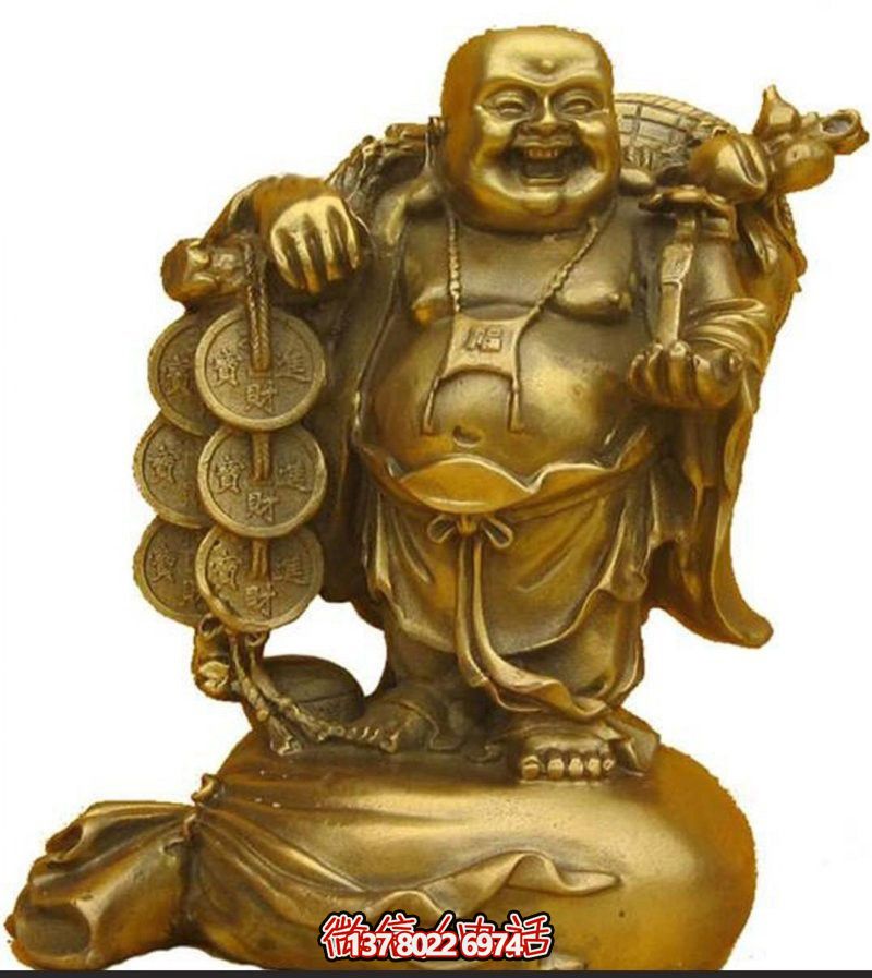 戶(hù)外噴金烤漆扛著(zhù)銅錢(qián)的彌勒佛雕塑