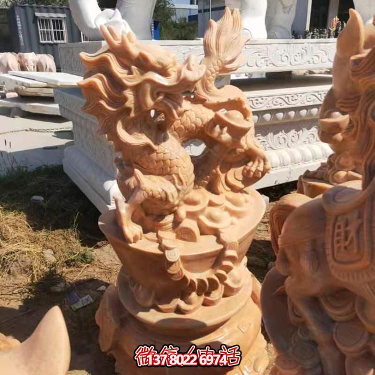 店鋪開(kāi)業(yè)擺放天然晚霞紅石雕麒麟招財進(jìn)寶雕塑