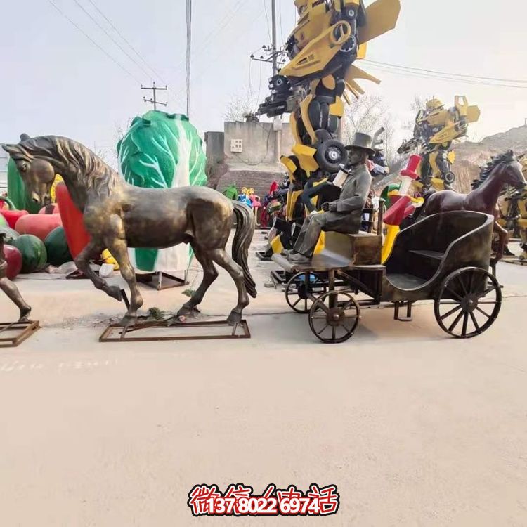 玻璃鋼仿銅歐式馬拉車(chē)雕塑旅游景點(diǎn)步行街擺件