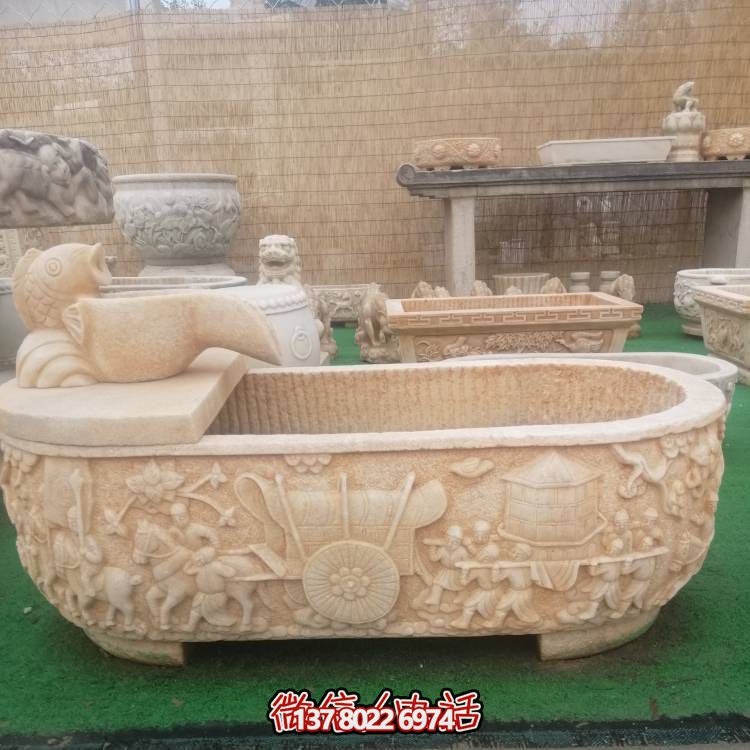 庭院室外擺放漢白玉雕刻仿古養魚(yú)石頭花盆
