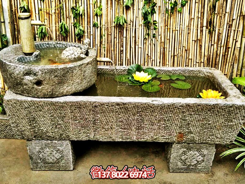 仿古石槽養魚(yú)花盆流水老石槽園林舊石磨盤(pán)擺件